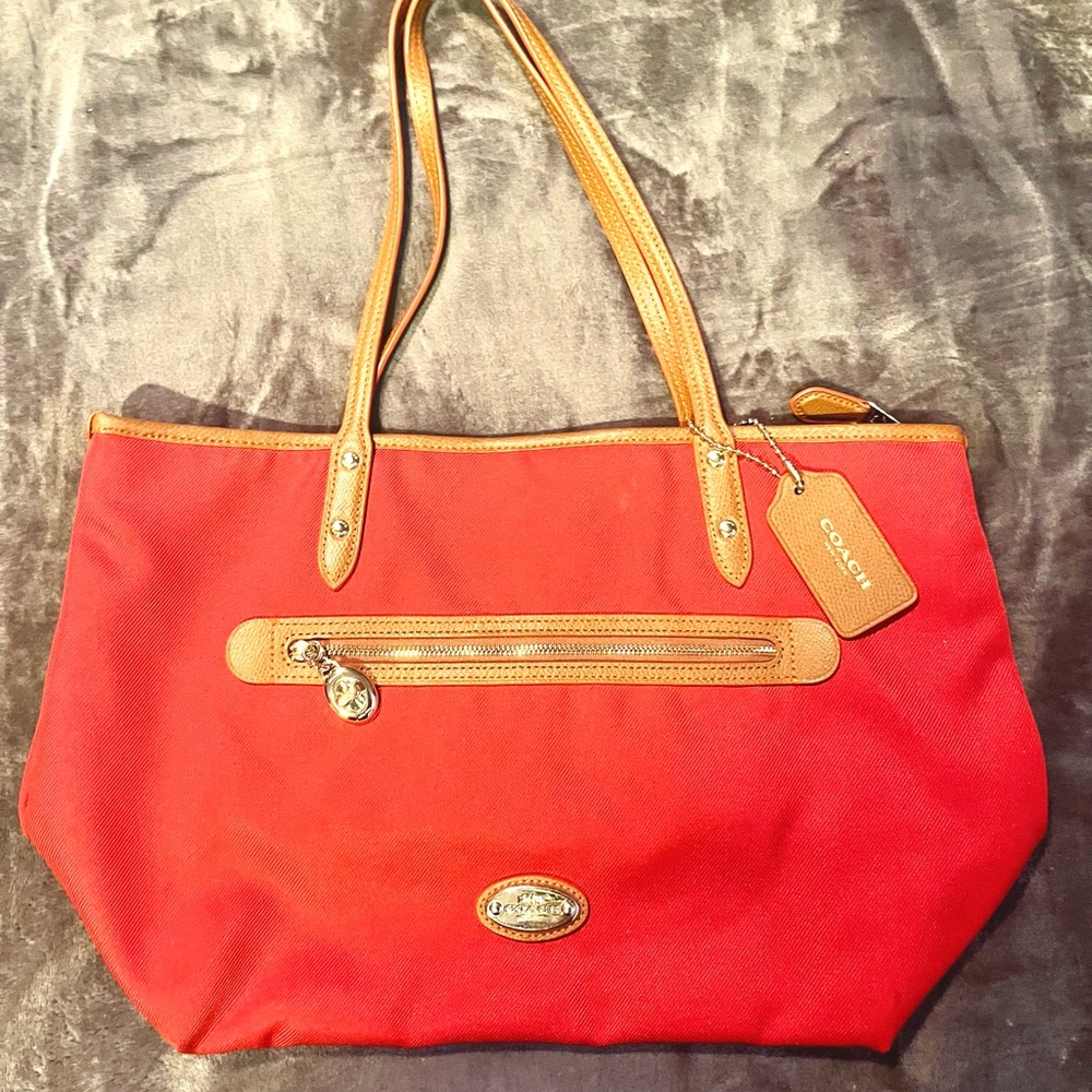 Coach Tote - Red Canvas, Gold-Tone Hardware